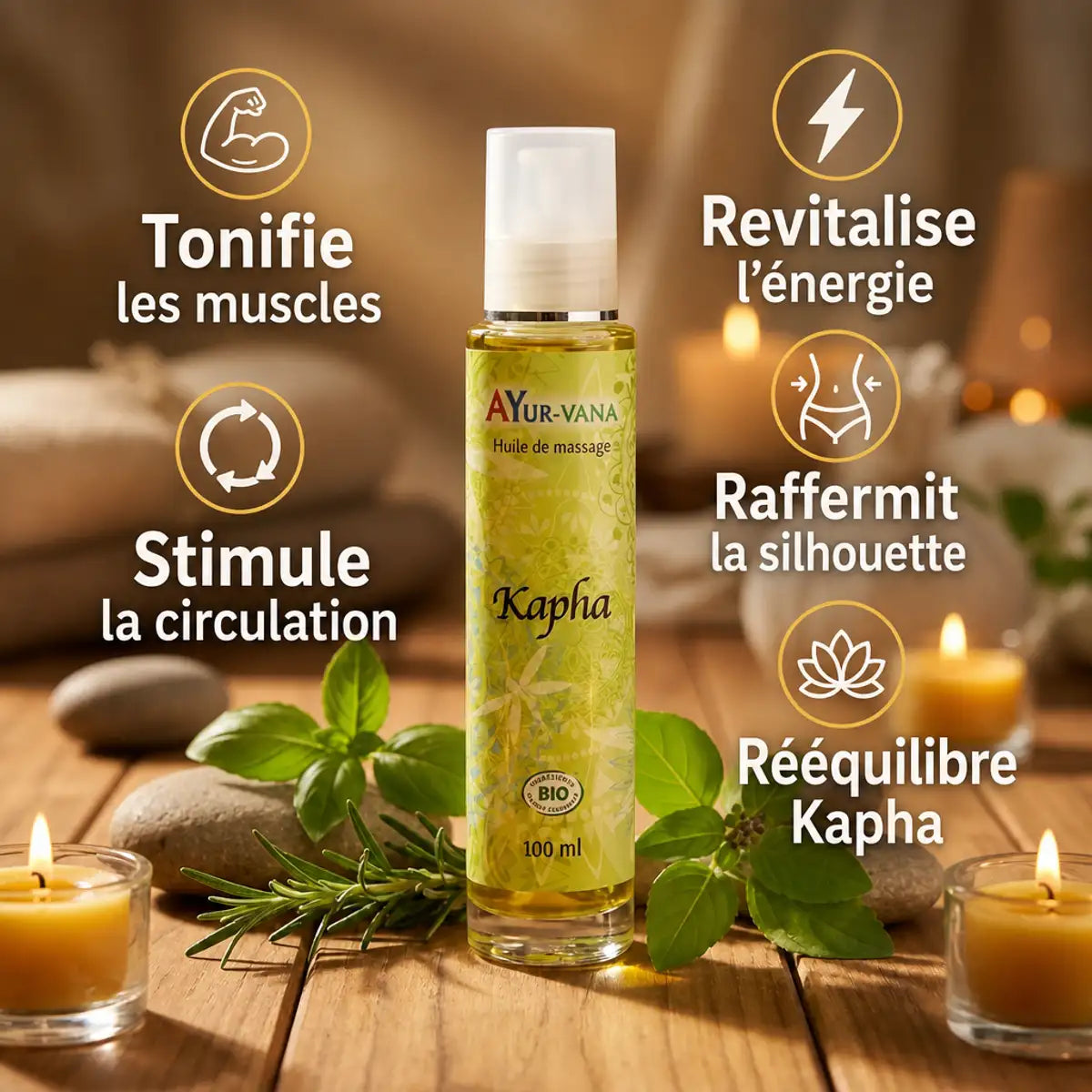 Huile de massage Kapha bio Ayurvana avec ses 5 bénéfices : tonification, circulation, énergie, raffermissement et rééquilibrage