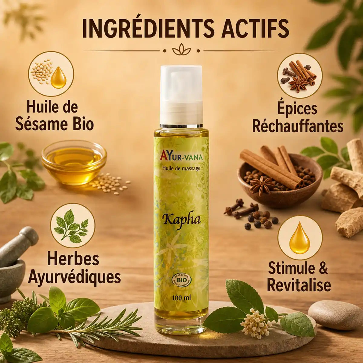Huile de massage Kapha bio Ayurvana avec ingrédients naturels et épices réchauffantes