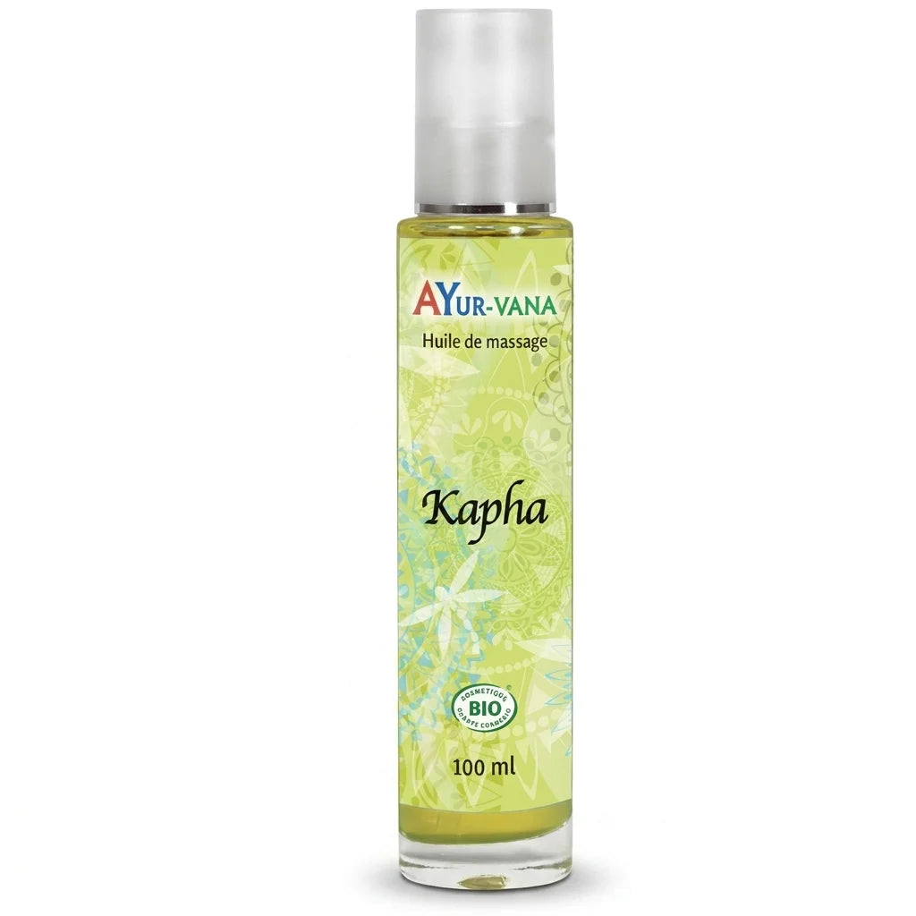 Huile de massage Kapha bio Ayurvana en flacon de 100ml sur fond blanc