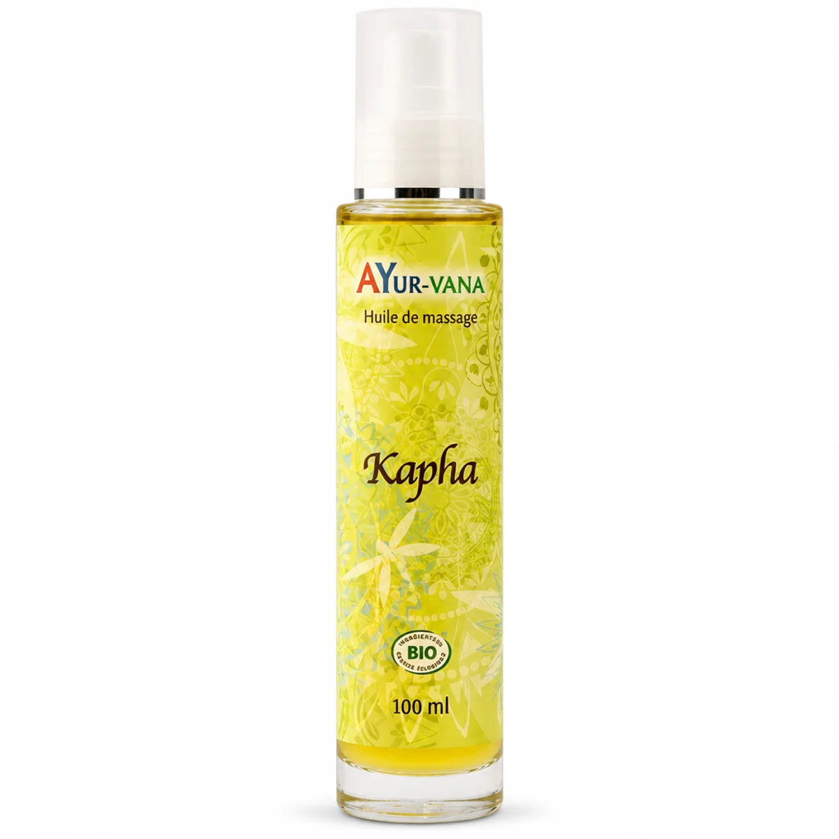 Huile de massage Kapha bio Ayurvana 100ml flacon spray blanc fond blanc