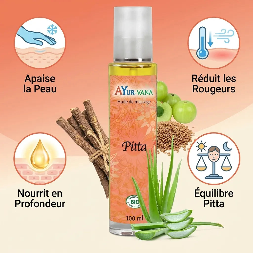 Huile de massage Pitta bio Ayurvana avec ingrédients naturels et bénéfices pour la peau