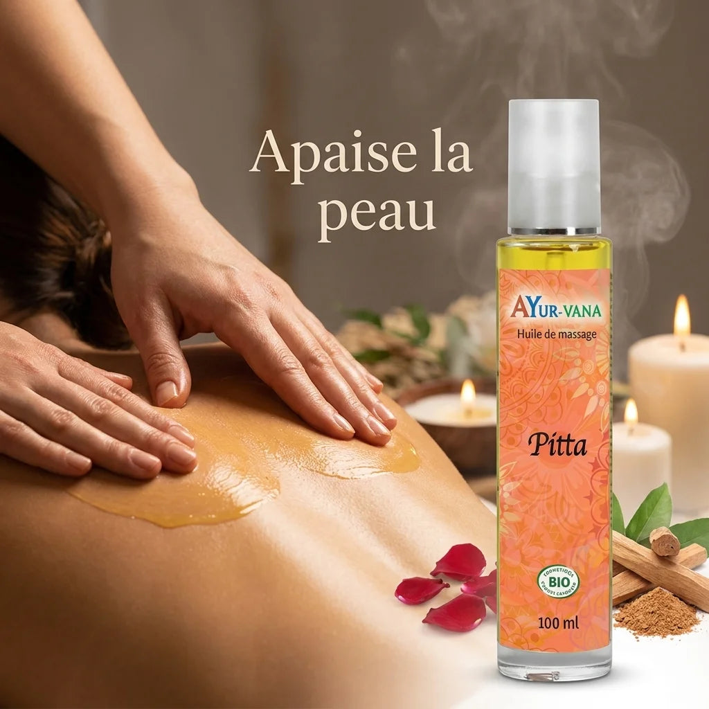 Huile de massage Pitta bio Ayurvana apaisante sur peau, ambiance spa relaxante