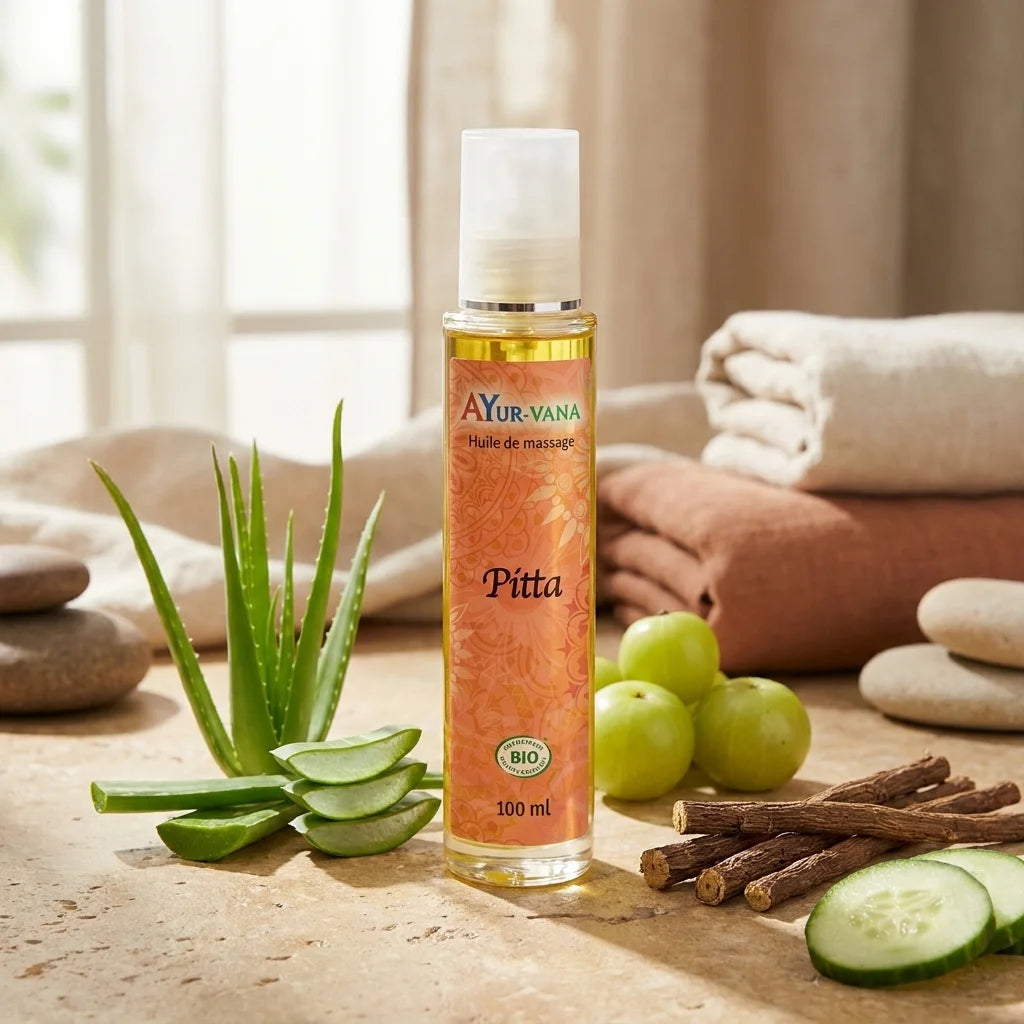Huile de massage Pitta bio Ayurvana avec aloe vera et concombre dans un cadre spa wellness