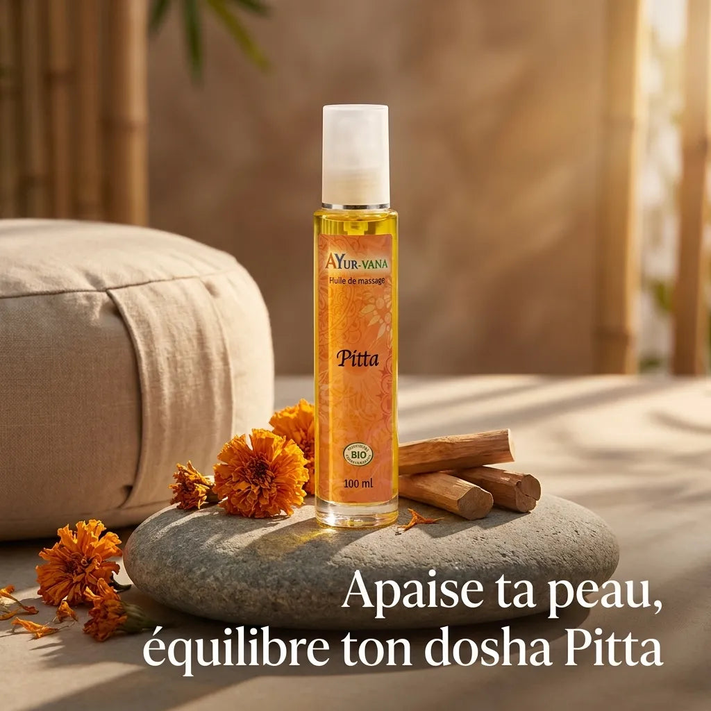 Huile de massage Pitta bio Ayurvana en flacon 100ml avec accessoires bien-être