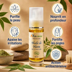 Bouteille Huile de Neem Bio Ayurvana avec bénéfices : purifie peau, apaise irritations, nourrit, fortifie ongles