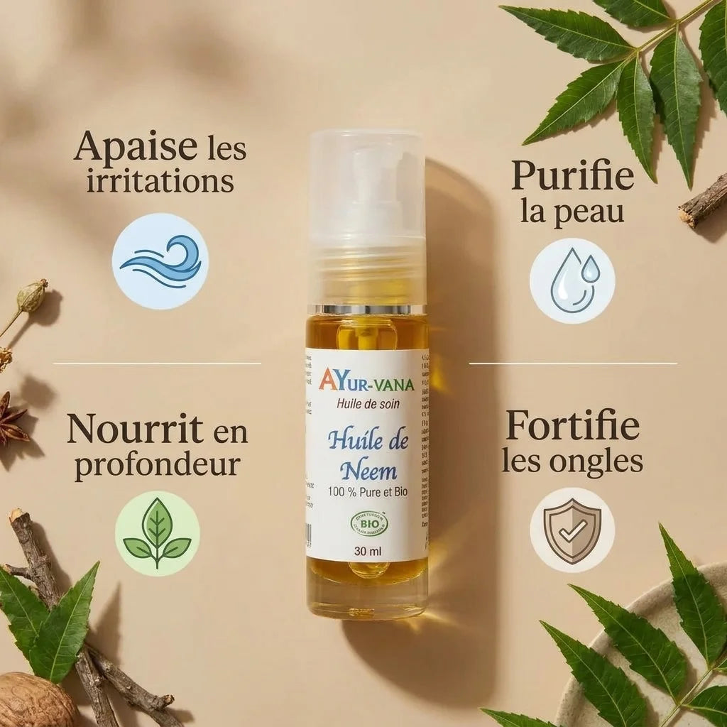 Huile de Neem bio Ayurvana 30ml avec bénéfices : apaise irritations, purifie peau, nourrit, fortifie ongles