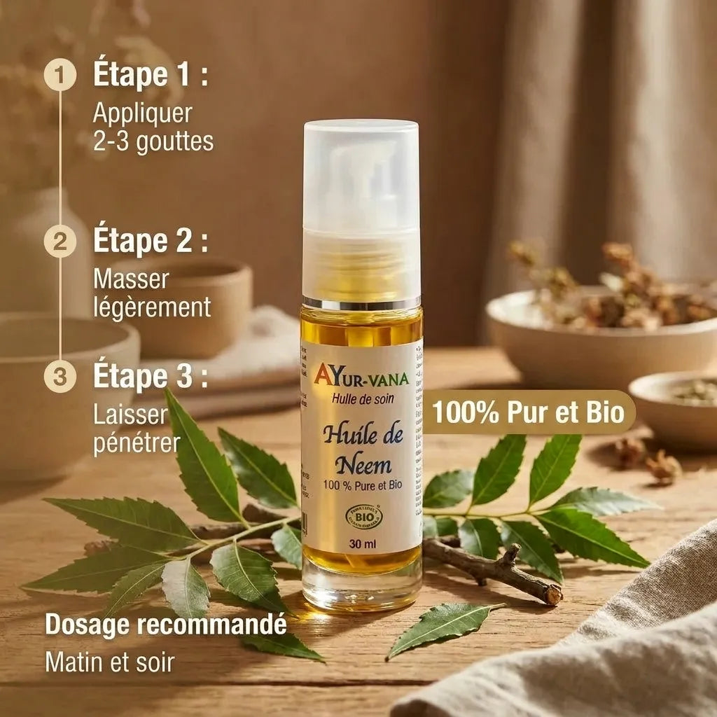 Huile de Neem bio Ayurvana pure avec guide d'application, feuilles fraîches et ingrédients naturels