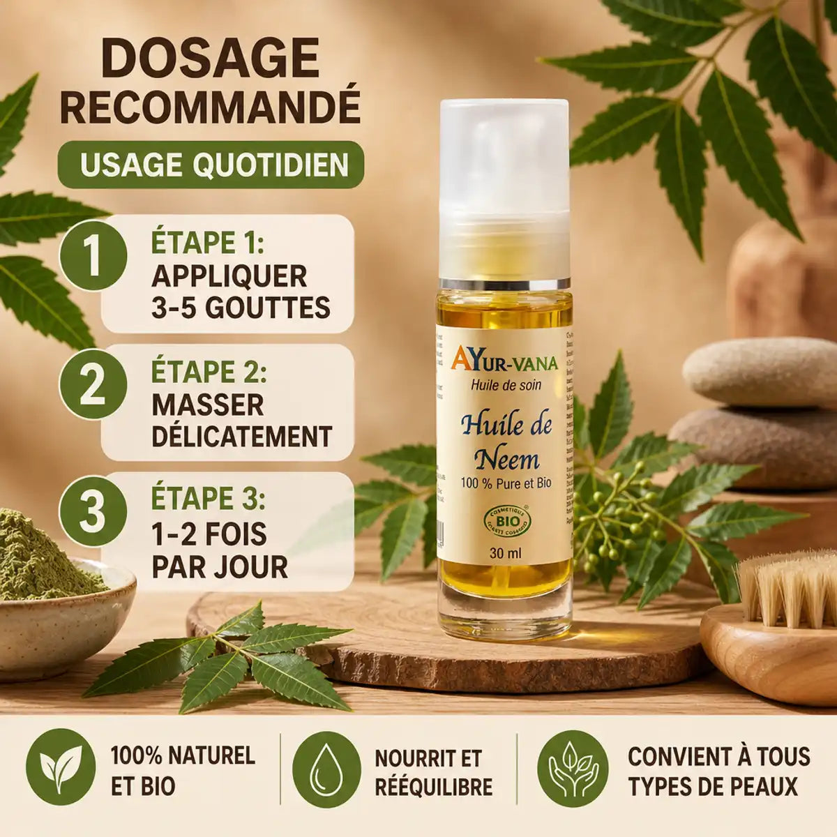 Huile de Neem bio Ayurvana 30ml pur avec mode d'emploi et feuilles naturelles