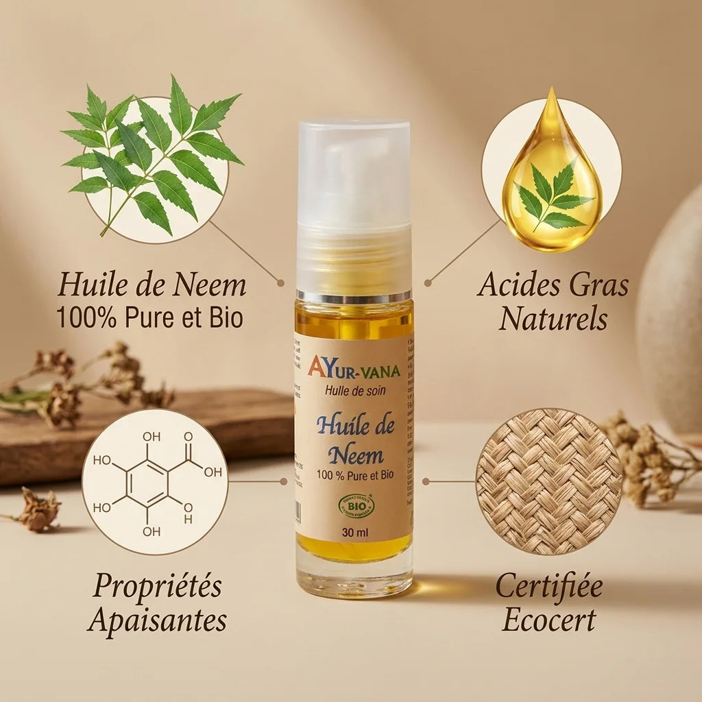 Bouteille Huile de Neem bio Ayurvana avec ingrédients naturels et certifications Ecocert