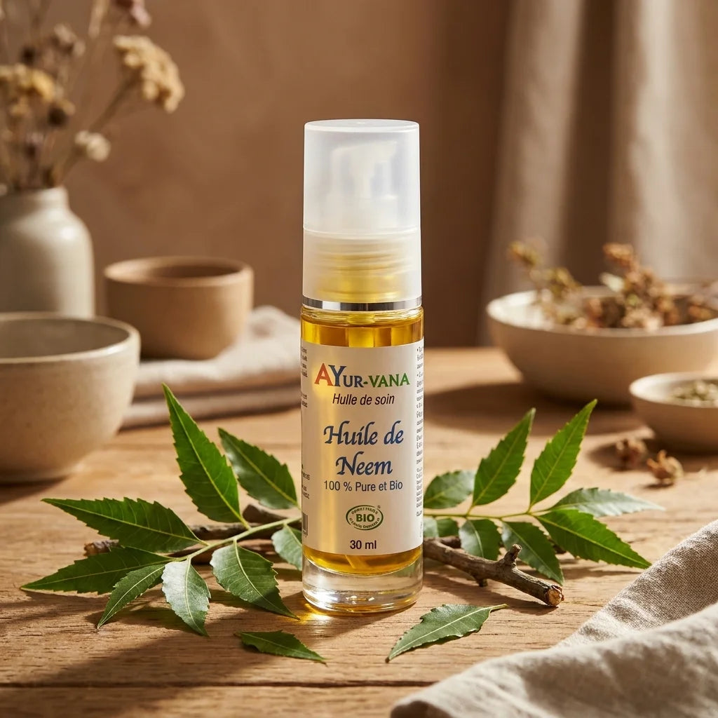 Bouteille Huile de Neem bio Ayurvana avec feuilles fraîches sur fond naturel minimaliste