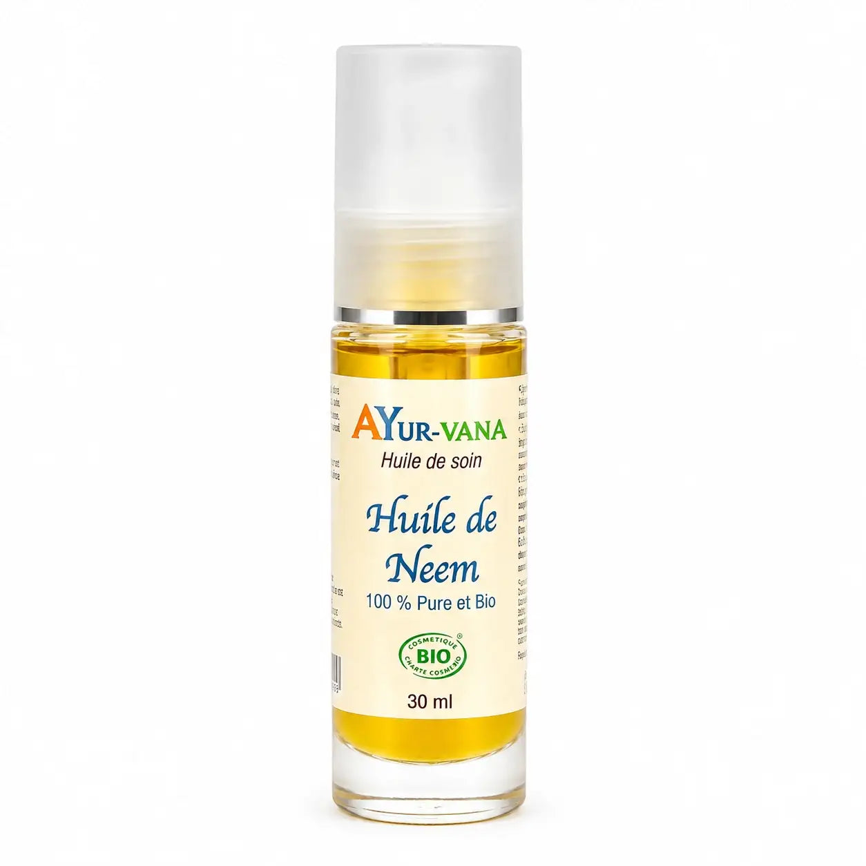 Huile de Neem bio Ayurvana 30ml en flacon verre avec pompe blanche, certification BIO

