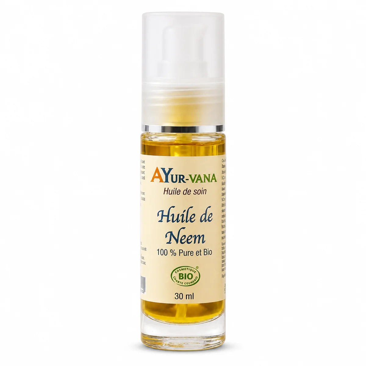 Huile de Neem bio Ayurvana bouteille sur fond blanc, produit naturel ayurvédique