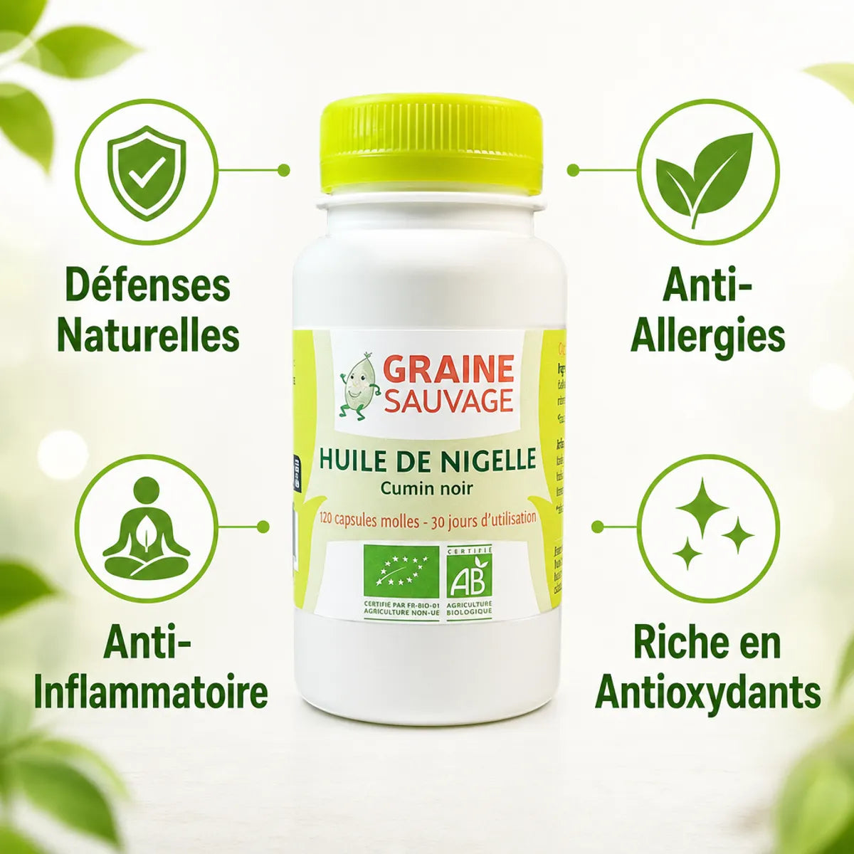 Graine Sauvage Huile de Nigelle bio 120 capsules avec bénéfices santé : défenses naturelles, anti-allergies