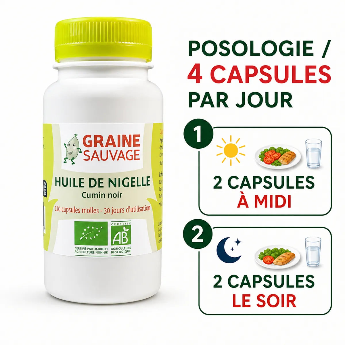 Huile de Nigelle bio 120 capsules Graine Sauvage avec posologie 4 capsules par jour
