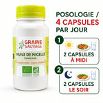 Huile de Nigelle bio 120 capsules Graine Sauvage avec posologie 4 capsules par jour