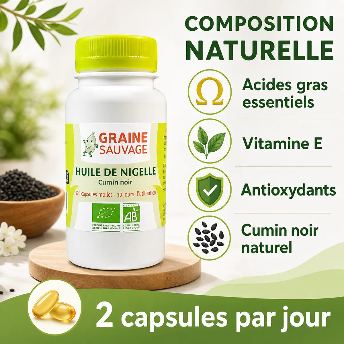 Huile de Nigelle bio 120 capsules Graine Sauvage avec composition naturelle et acides gras essentiels