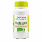 Huile de Nigelle bio 120 capsules Graine Sauvage avec bouchon jaune-vert sur fond blanc