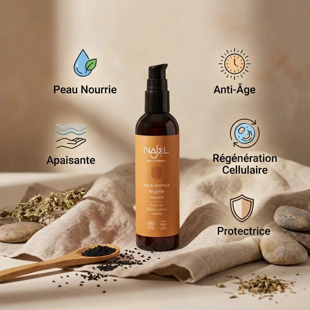 Huile de nigelle bio Najel en flacon avec bénéfices : hydratation, anti-âge, apaisante, régénération cellulaire