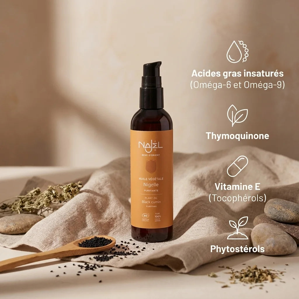 Huile de nigelle bio Najel certifiée avec graines noires, nutriments et certification naturelle