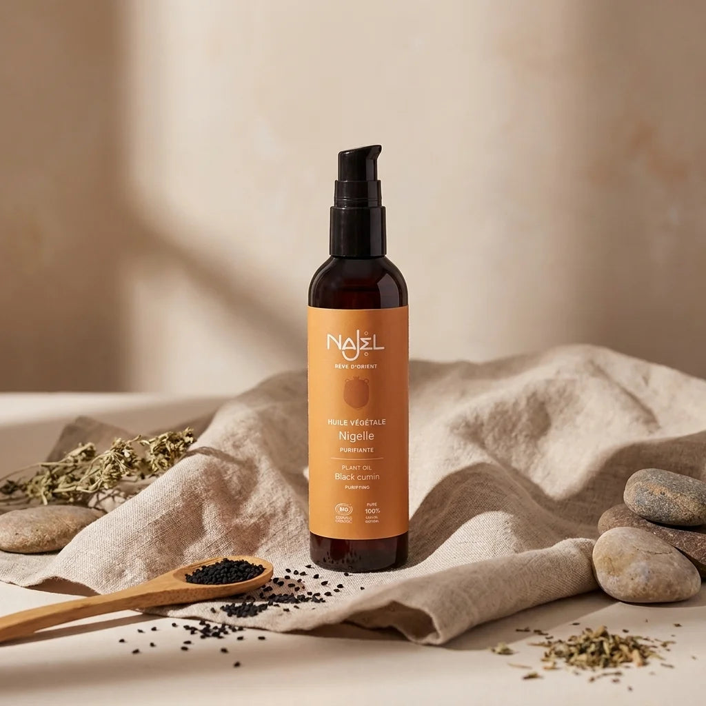 Bouteille d'huile de nigelle bio Najel avec pompe noire sur fond neutre minimaliste