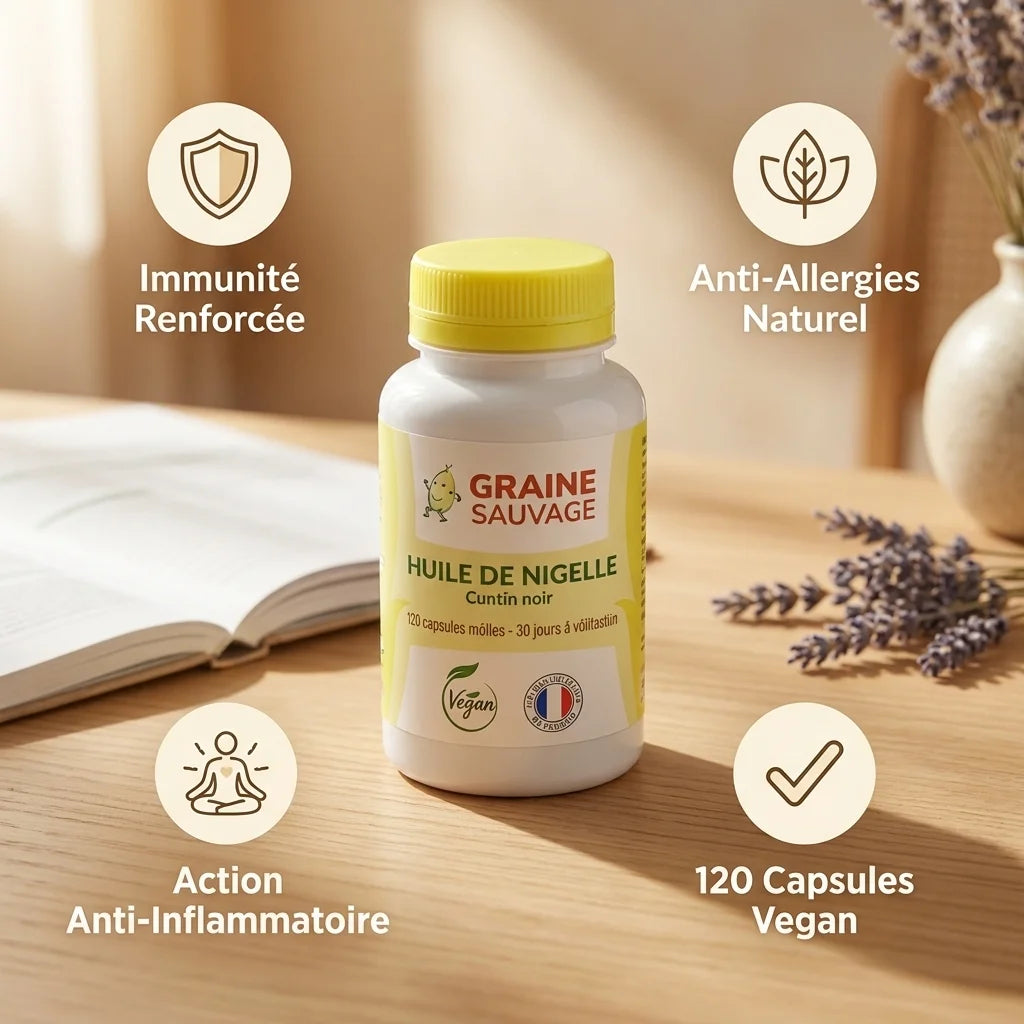 Huile de Nigelle en capsules avec ses bénéfits : immunité, anti-allergies, anti-inflammatoire et formule vegan