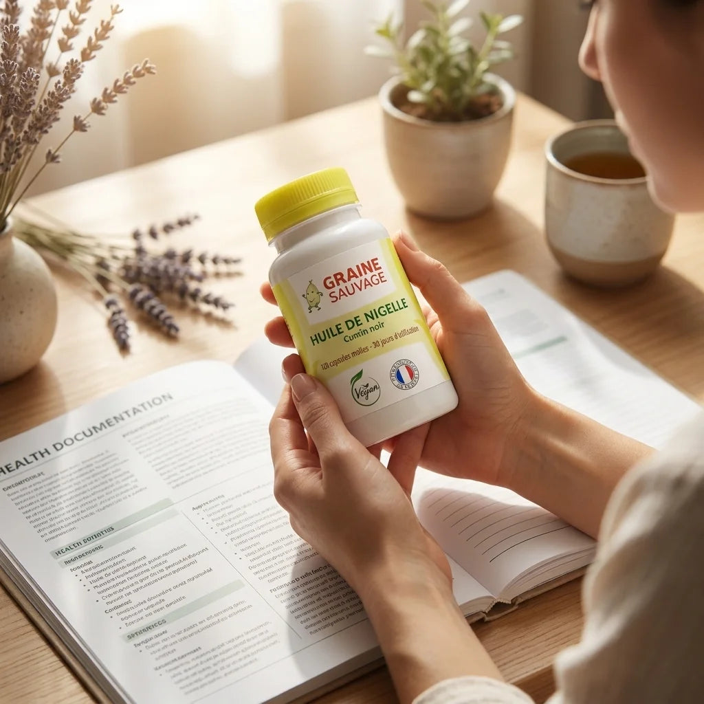 Flacon Graine Sauvage d'huile de nigelle en capsules avec bouchon jaune dans contexte bien-être