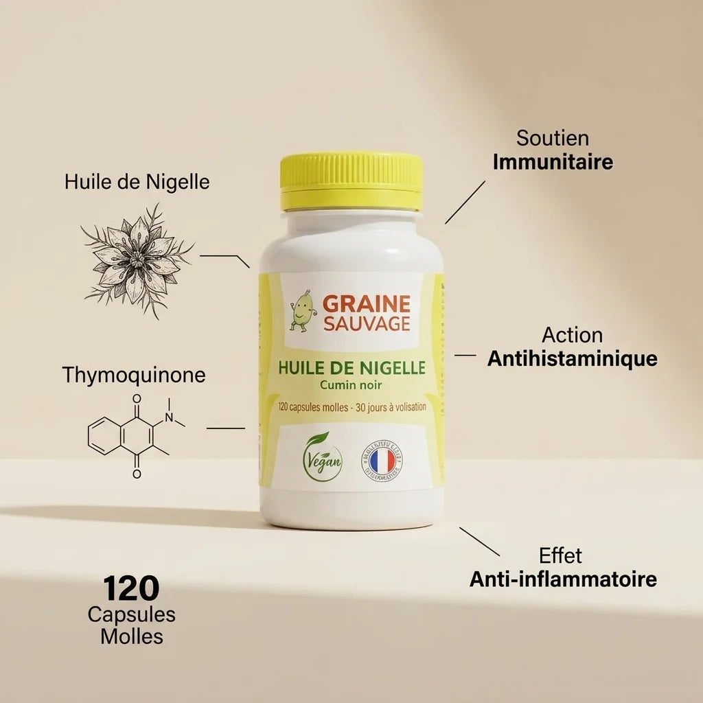 Flacon d'huile de nigelle en capsules avec bouchon jaune et infographies sur les bénéfices immunitaires