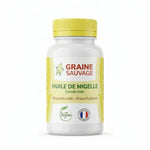 Bouteille d'huile de nigelle en capsules molles GRAINE SAUVAGE, 120 capsules, fond blanc
