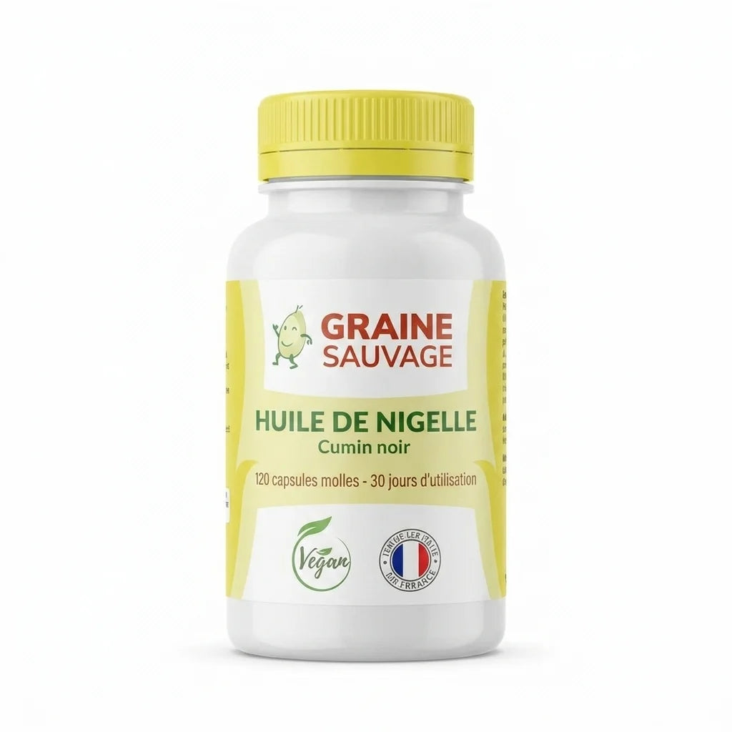Bouteille d'huile de nigelle en capsules molles GRAINE SAUVAGE, 120 capsules, fond blanc