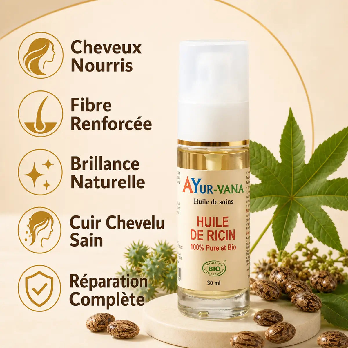 Huile de ricin bio Ayur-Vana avec ses 5 bénéfices cheveux nourris, brillance et réparation