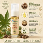 Huile de Ricin bio Ayur-Vana 30ml avec infographie ingrédients naturels et acide ricinoléique