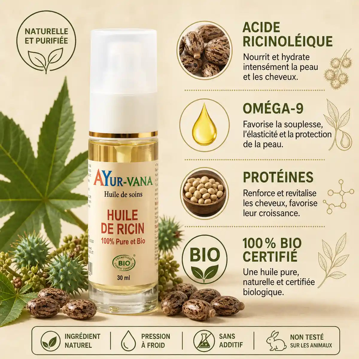 Huile de Ricin bio Ayur-Vana 30ml avec infographie ingrédients naturels et acide ricinoléique