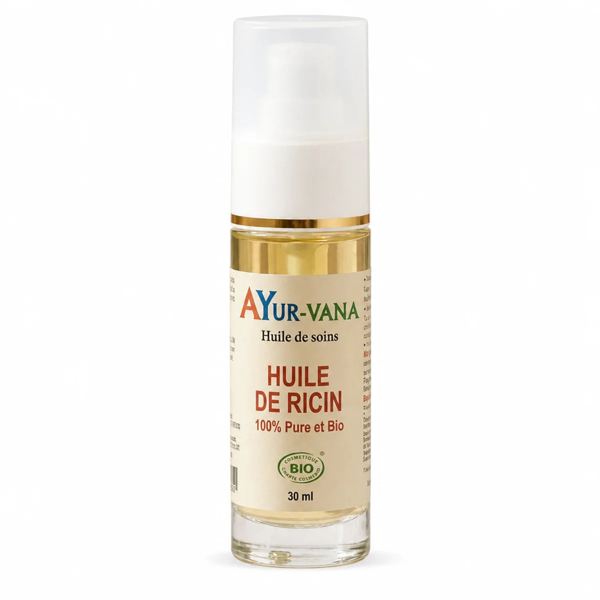 Bouteille d'huile de ricin bio Ayur-Vana avec pompe doseuse sur fond blanc