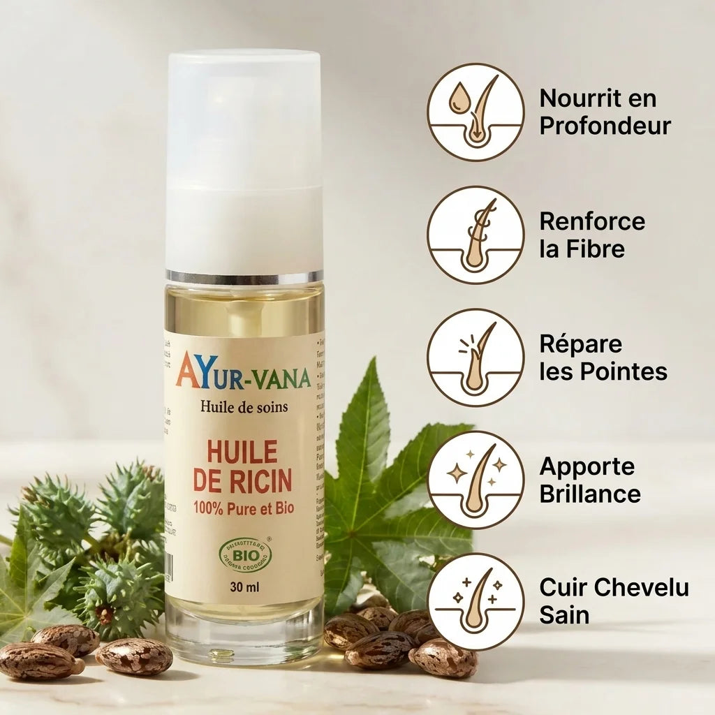 Huile de Ricin bio Ayurvana avec 5 bénéfices : nutrition, renforcement, réparation, brillance et cuir chevelu sain