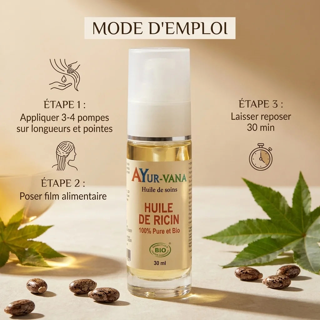 Huile de ricin bio Ayurvana avec mode d'emploi - application cheveux en 3 étapes
