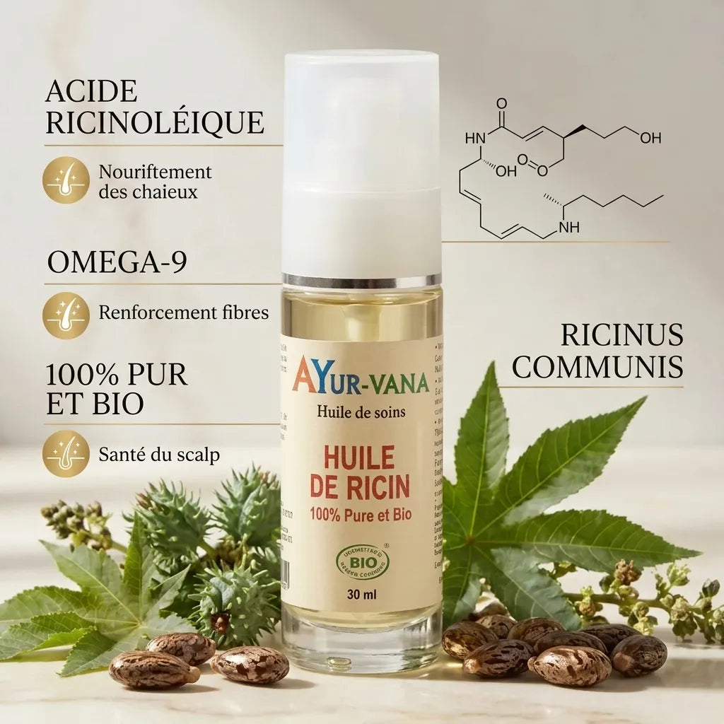 Huile de ricin bio Ayurvana 100% pure avec graines ricinus communis et oméga-9