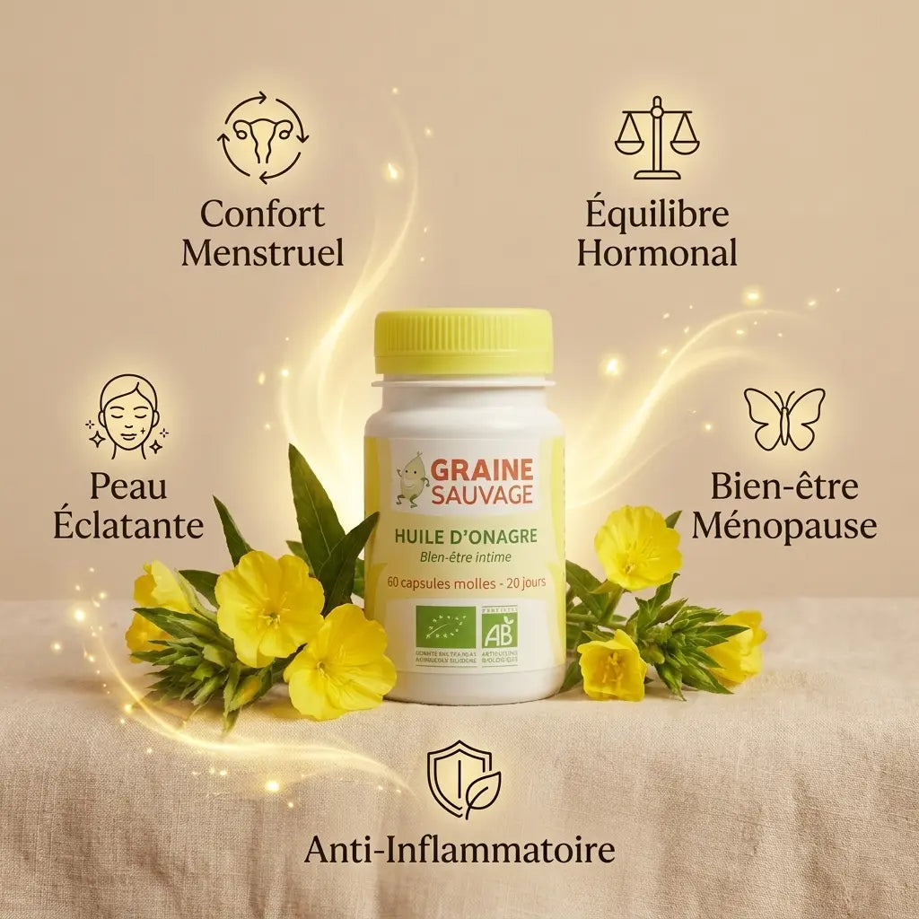Flacon Huile d'Onagre Bio avec bénéfices : confort menstruel, équilibre hormonal, peau éclatante et bien-être ménopause