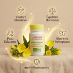 Flacon Huile d'Onagre Bio avec bénéfices : confort menstruel, équilibre hormonal, peau éclatante et bien-être ménopause