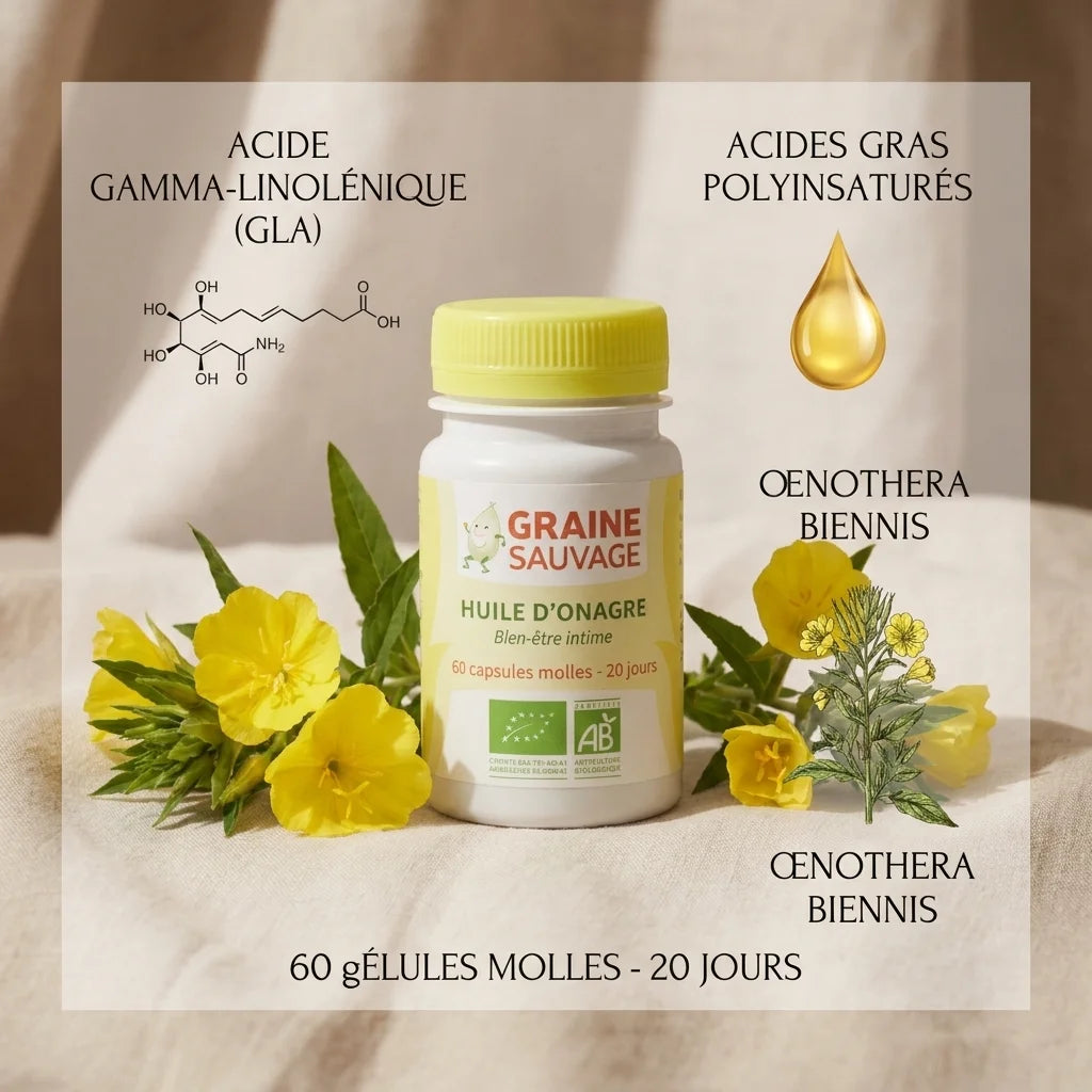 Bouteille d'huile d'onagre bio en gélules avec fleurs jaunes et infographie des composants actifs