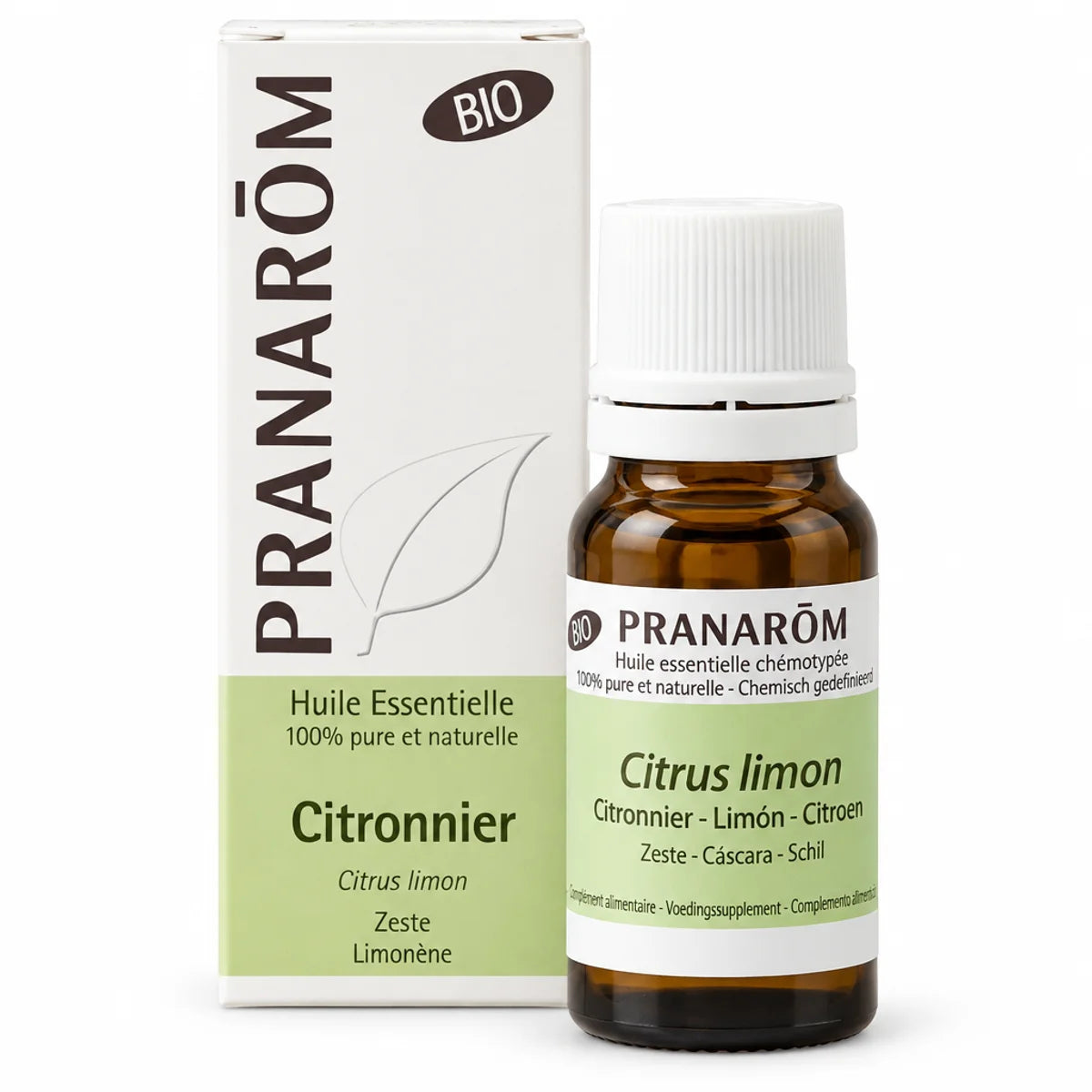Flacon en verre ambré de 10 ml et boîte carton blanche de l'huile essentielle bio de citronnier zeste Pranarom, fond blanc