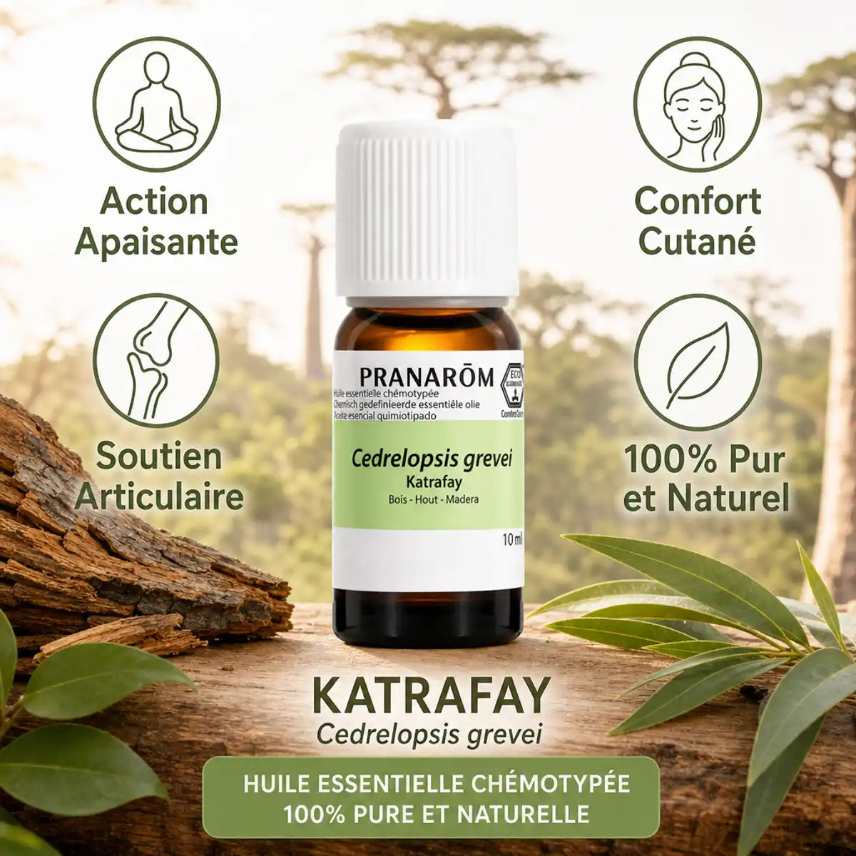Huile essentielle Katrafay Pranarom 10ml bio avec bénéfices : action apaisante et soutien articulaire