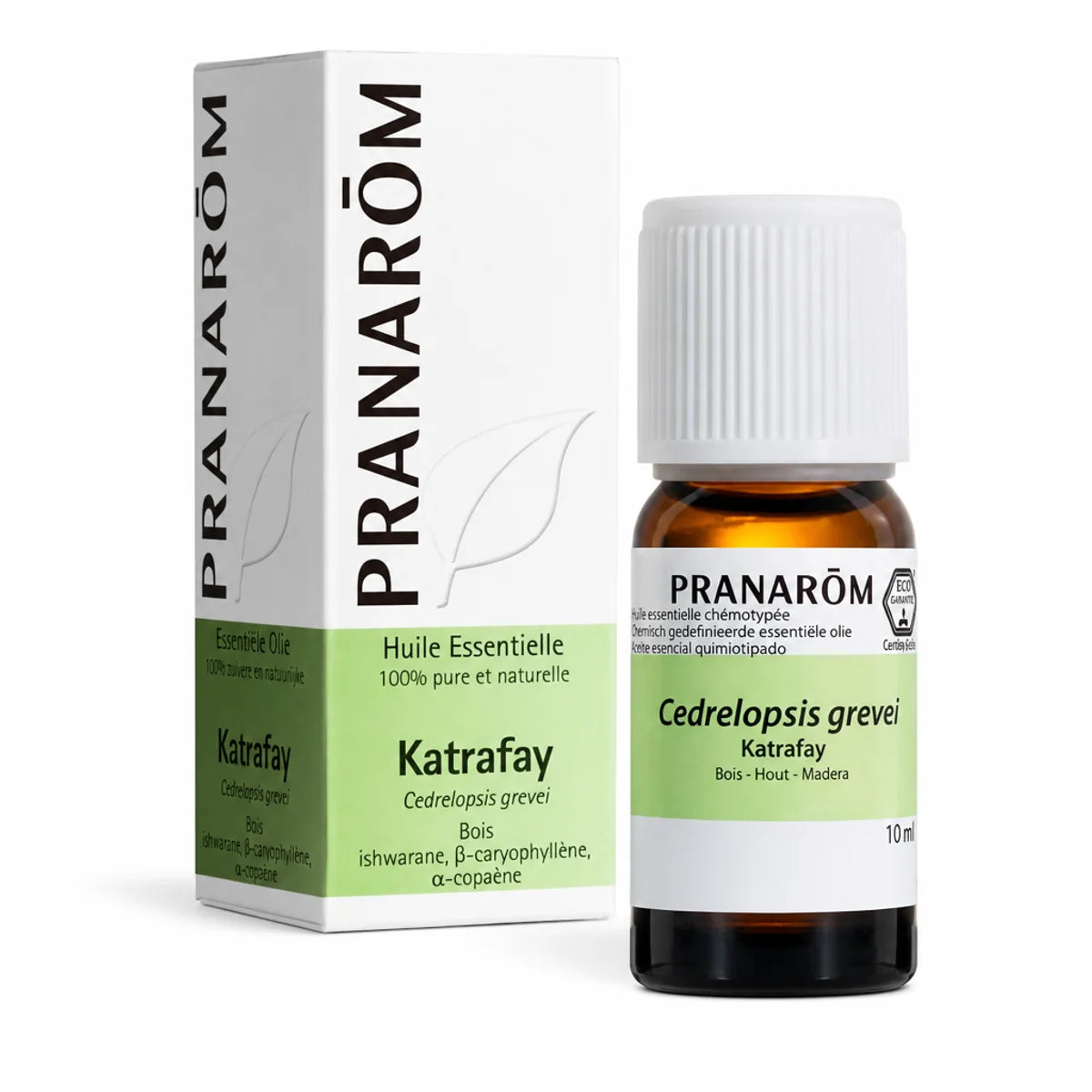 Huile essentielle bio katrafay Pranarom 10ml avec emballage sur fond blanc