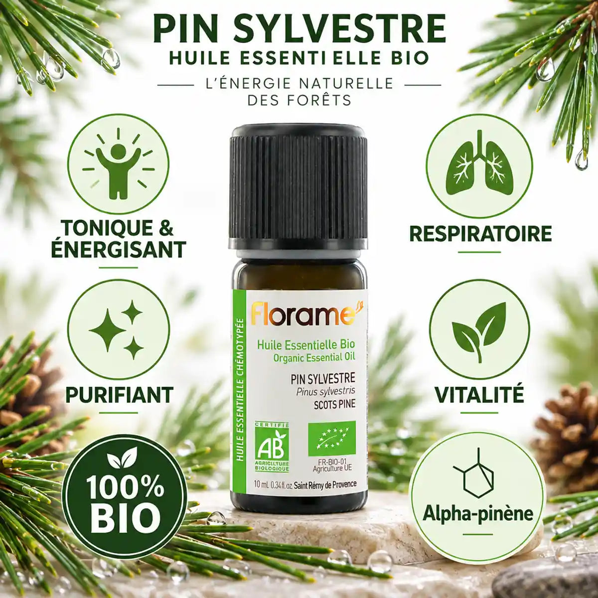 Huile essentielle bio Pin Sylvestre Florame 10ml - Tonique, respiratoire et purifiant