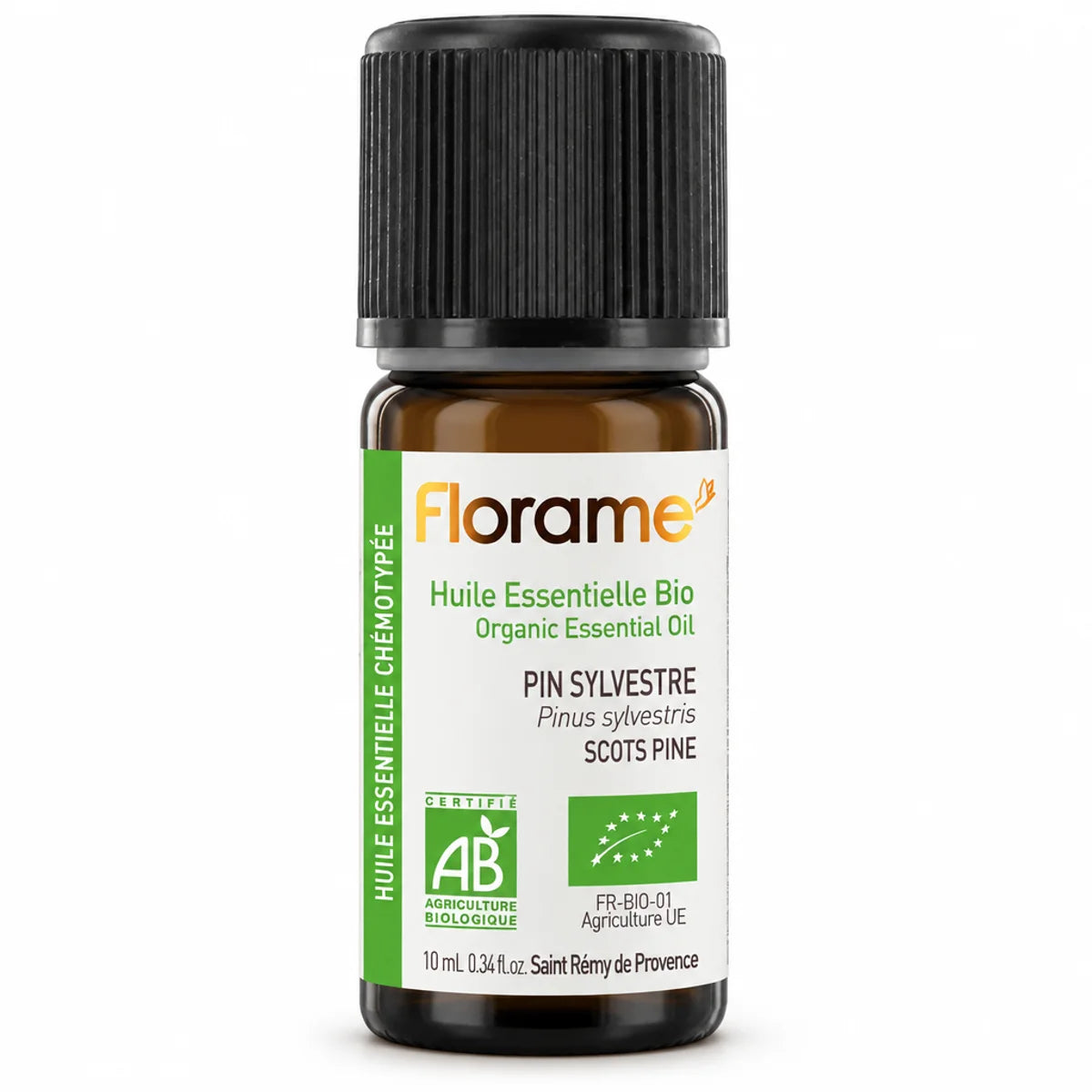 Huile essentielle bio Pin Sylvestre Florame en flacon verre ambré avec étiquette verte