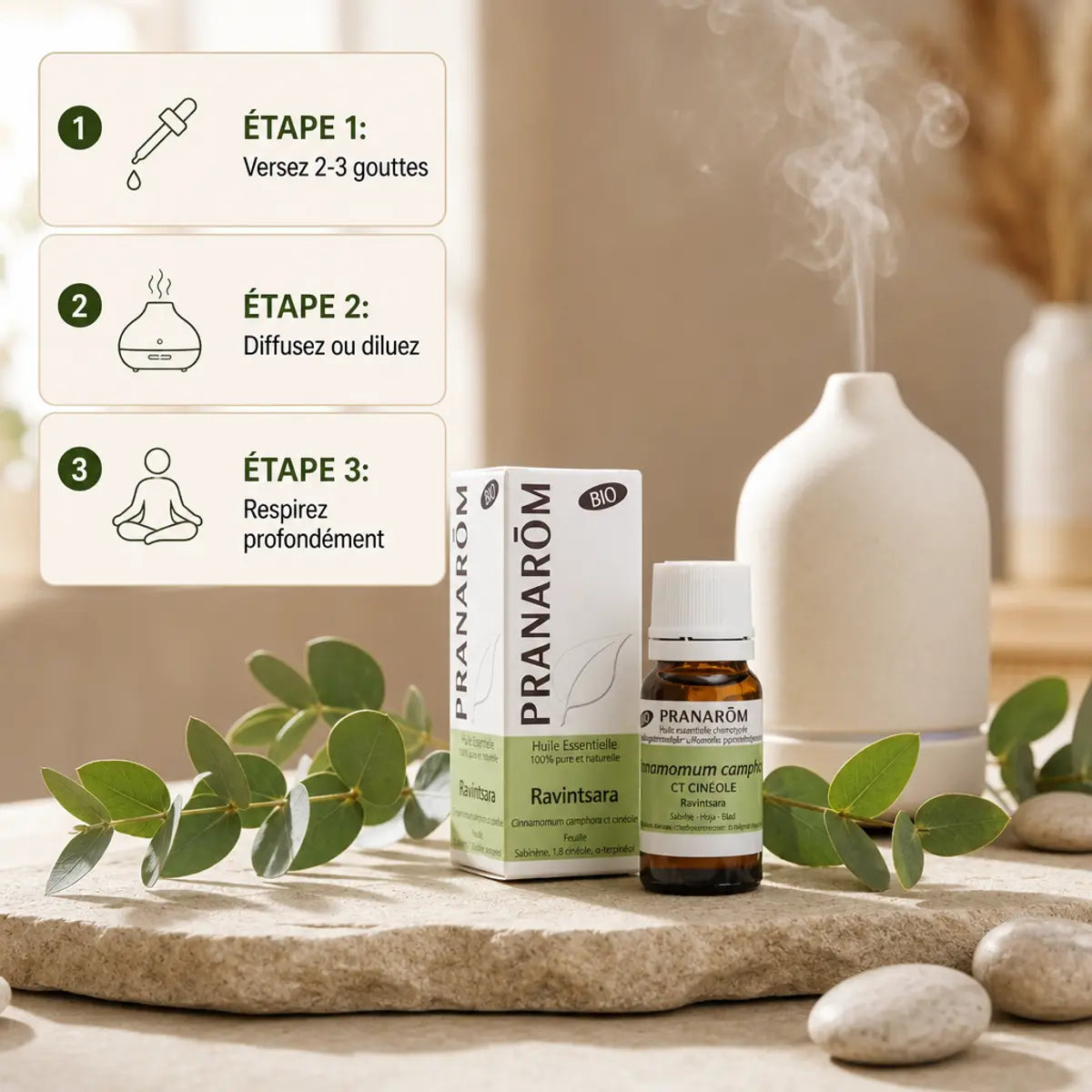 Flacon Pranarom huile essentielle bio ravintsara avec mode d'utilisation et feuilles fraîches sur fond minimaliste
