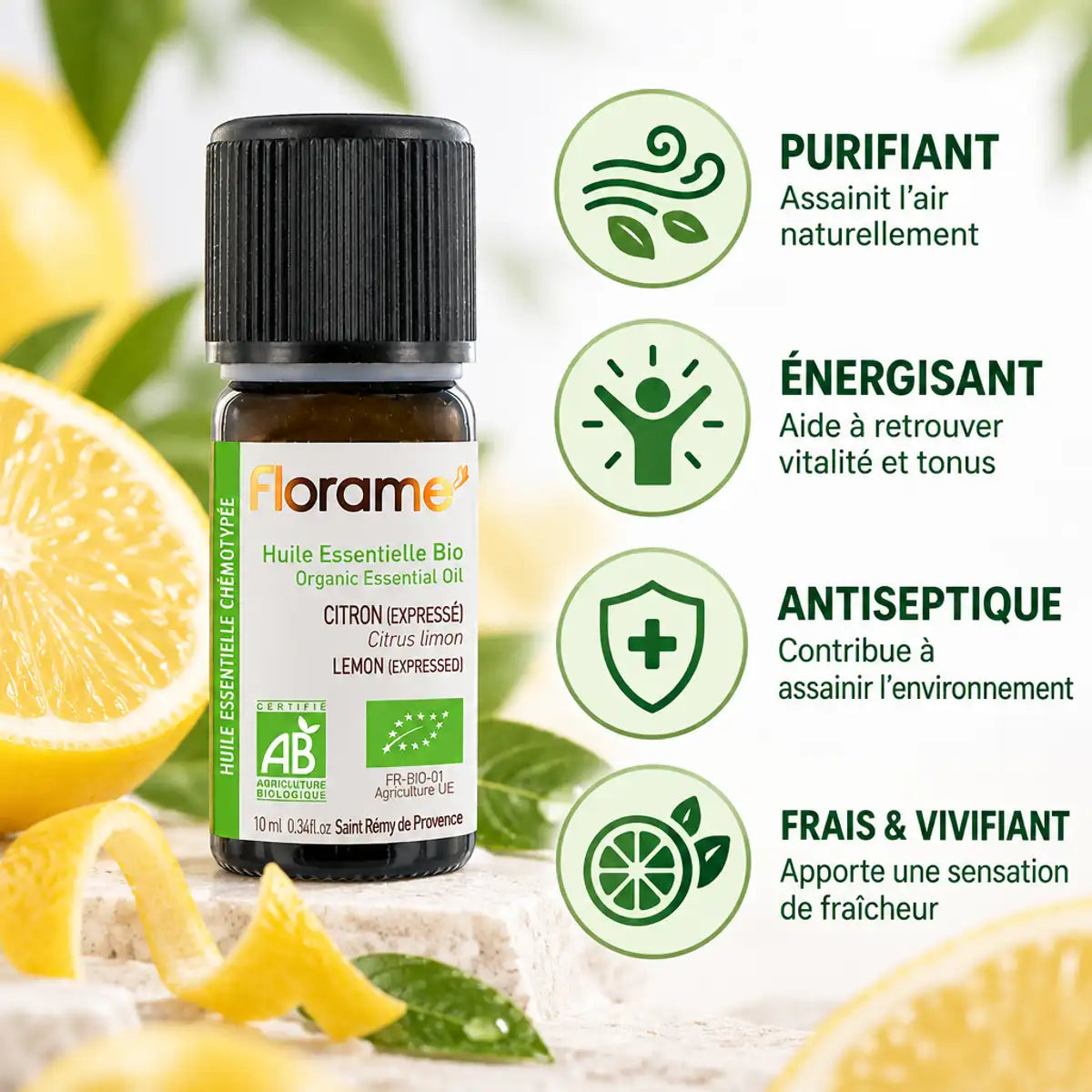 Huile essentielle citron bio Florame avec ses 4 bénéfices : purifiant, énergisant, antiseptique et vivifiant