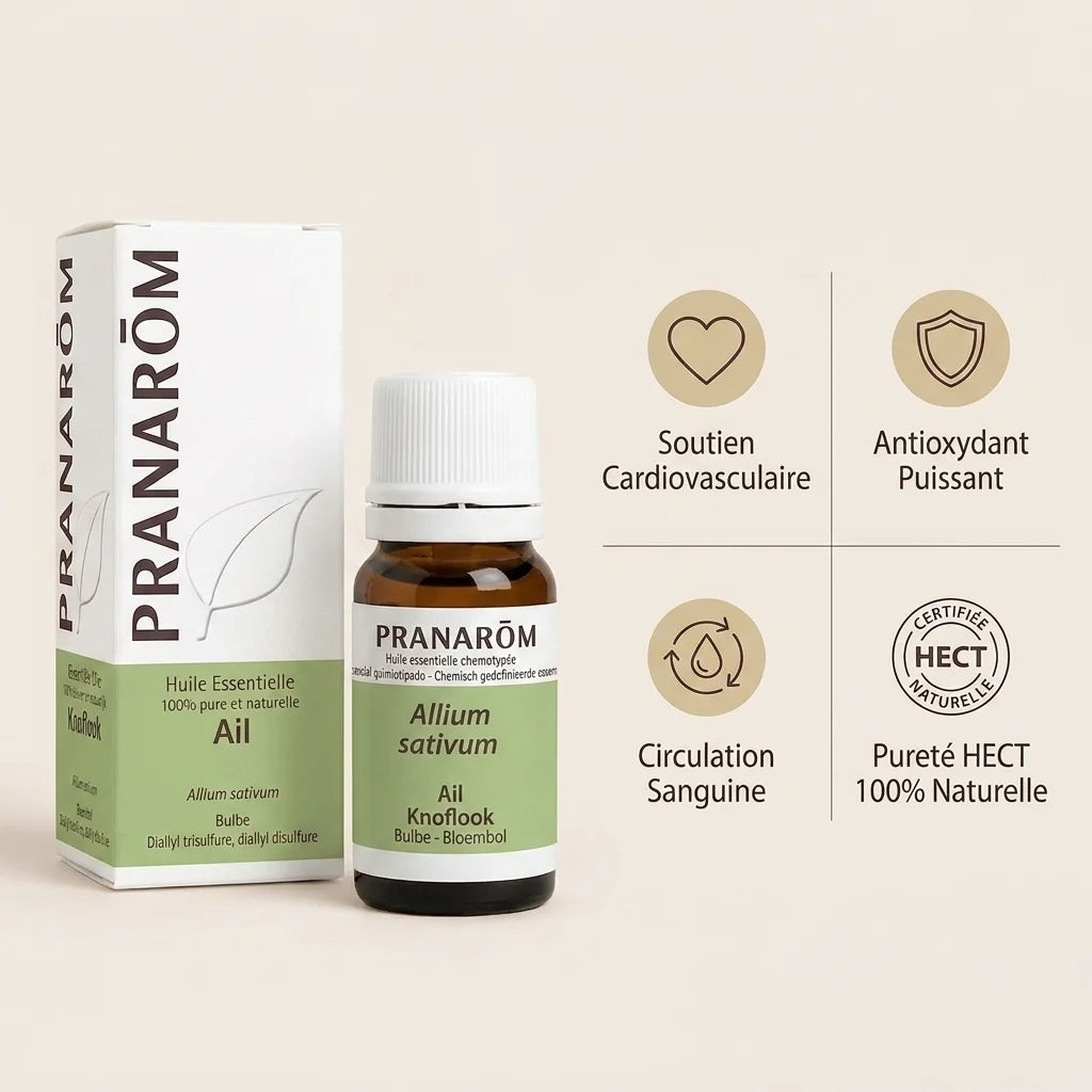 Huile essentielle d'ail Pranarom avec infographie des bénéfices cardiovasculaires et antioxydants