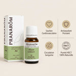 Huile essentielle d'ail Pranarom avec infographie des bénéfices cardiovasculaires et antioxydants