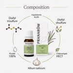 Huile essentielle d'ail Pranarom - Flacon avec composition et ingrédients actifs