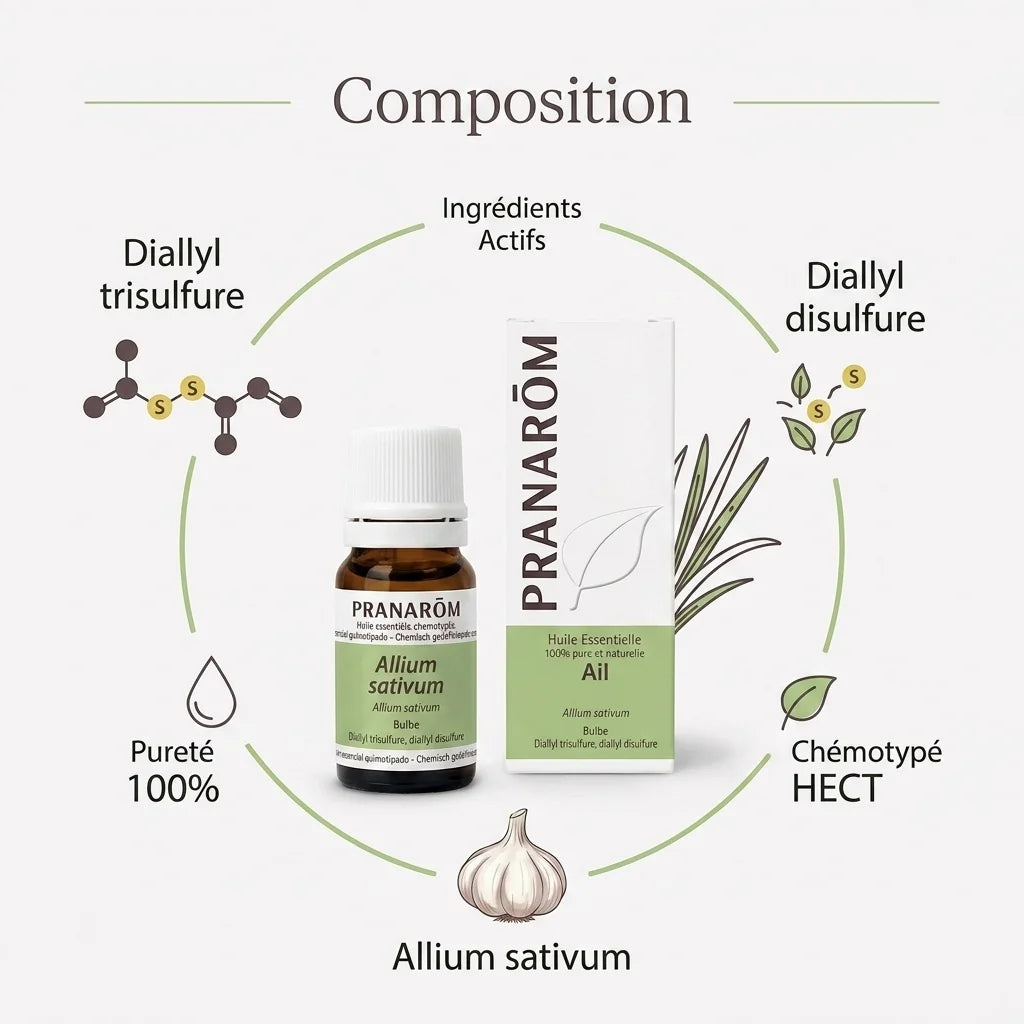 Huile essentielle d'ail Pranarom - Flacon avec composition et ingrédients actifs